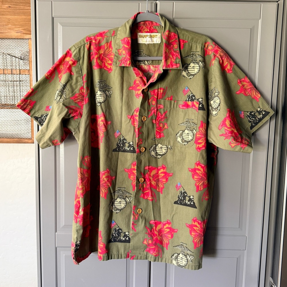 Eagle Crest Mens USMC Marine Corps Floral Hawaiian Kamp Shirt, Olive Red, XL